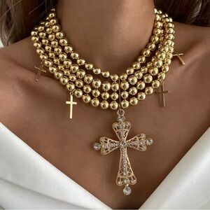Gold Multi-Strand Beaded Rhinestones Cross Pendant Necklace Elegant Religious